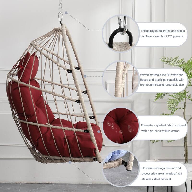 Foldable PE Wicker Hanging Chair with Removable Cushion and Weather-Resistant Design (Outdoor/Indoor Use)