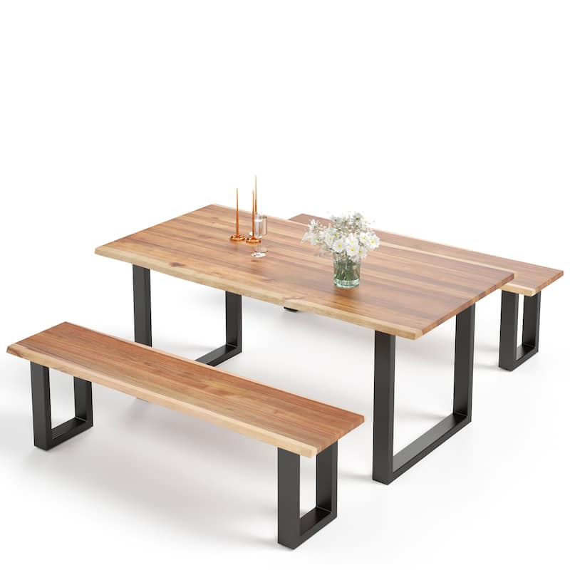 MAISON ARTS 3-Piece Patio Dining Table Set Acacia Wood with 1 Rectangular Table and 2 Benches