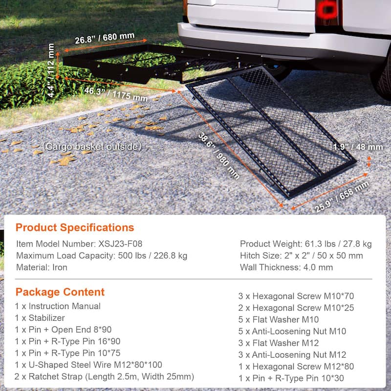 Hitch Mount Cargo Carrier, Hitch Cargo Rack with Folding Ramp, Hitch Rack Basket with Stabilizer and Straps