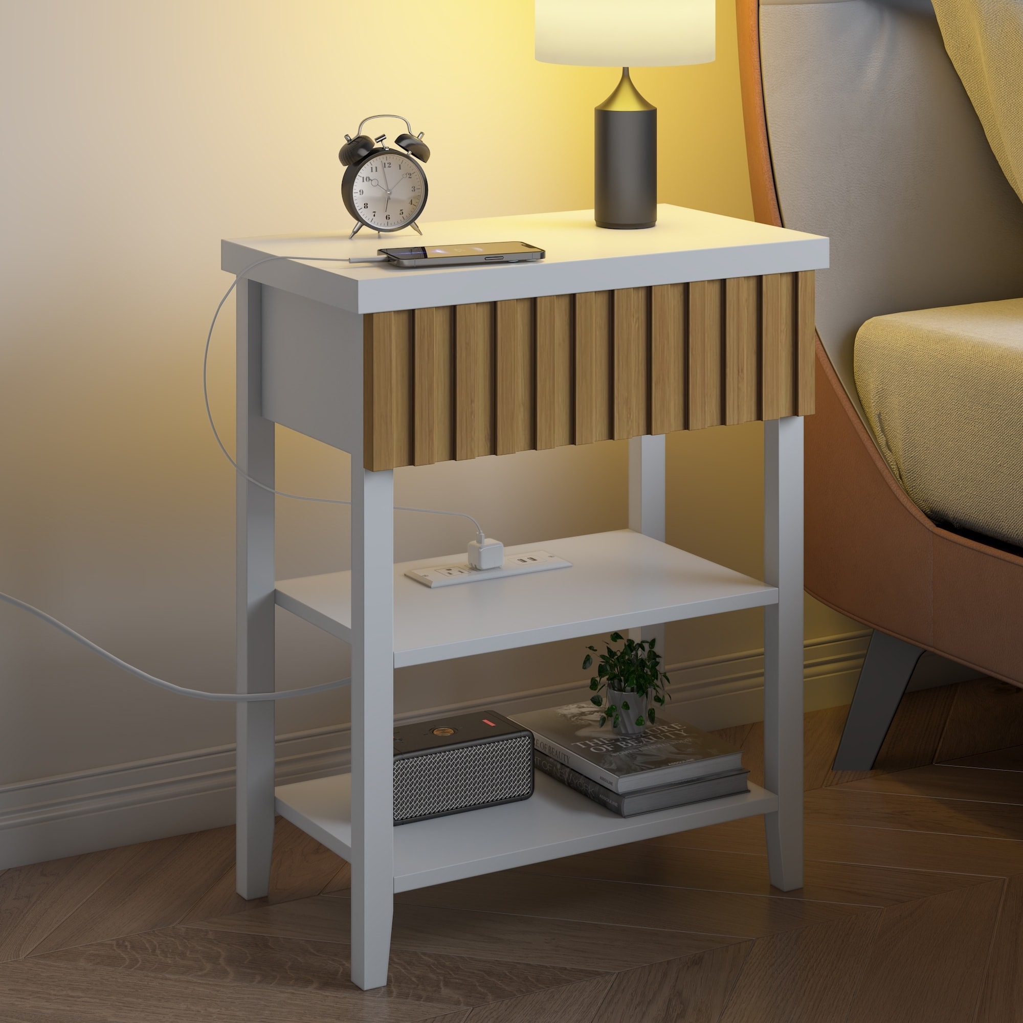 Fluted Nightstand with Charging Station and 2 Open Shelves