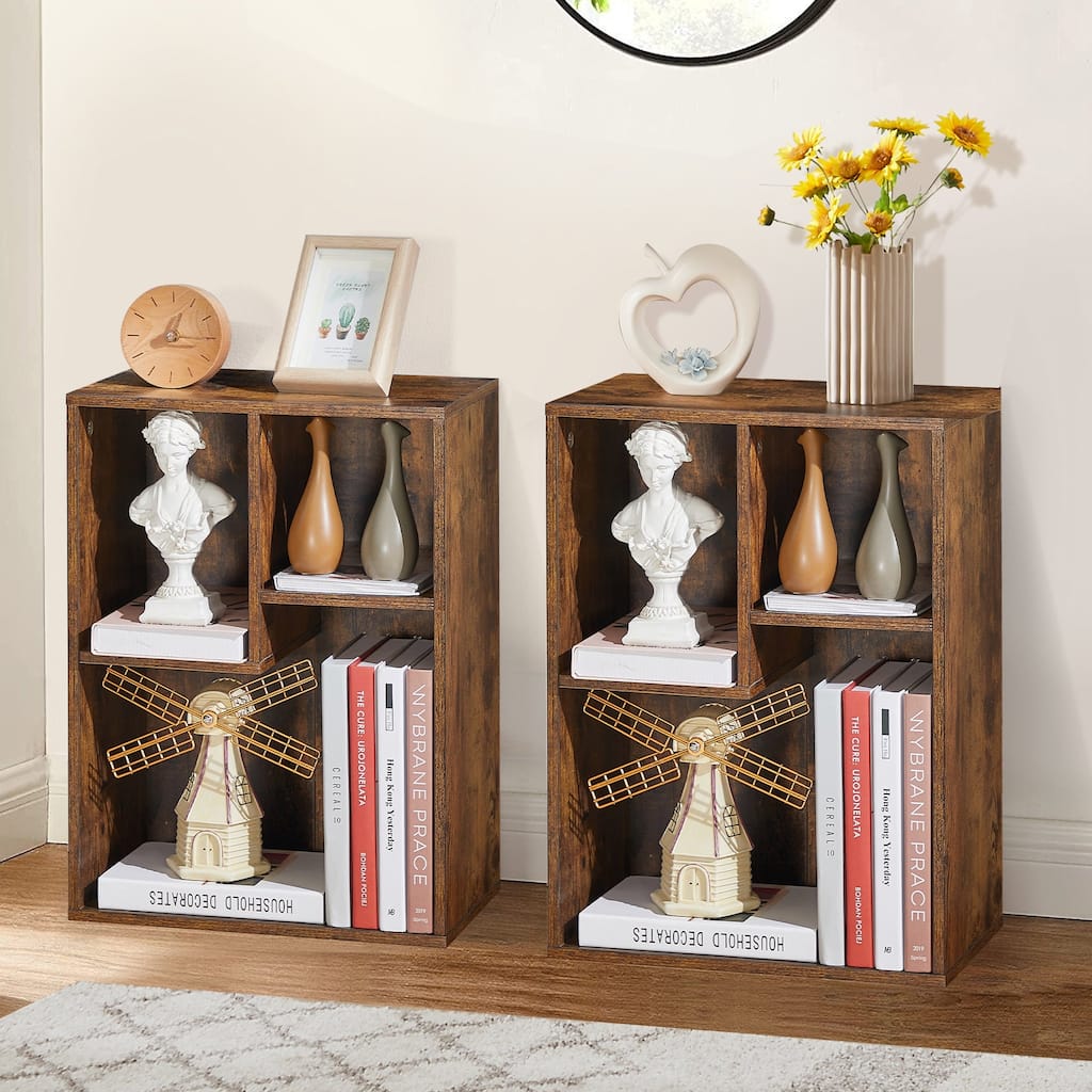 VECELO Widened Version，(Set of 2)2-Tier Three Open Cube Wooden Bookcase Organizer, Bookshelf, Book Storage