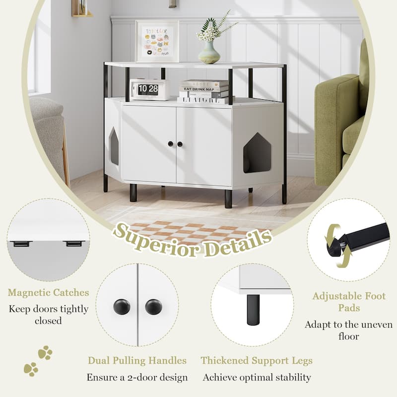 Corner Cat Litter Box Enclosure with Open Shelf 2 Entrances and Metal Legs - 41.5" x 20" x 29"
