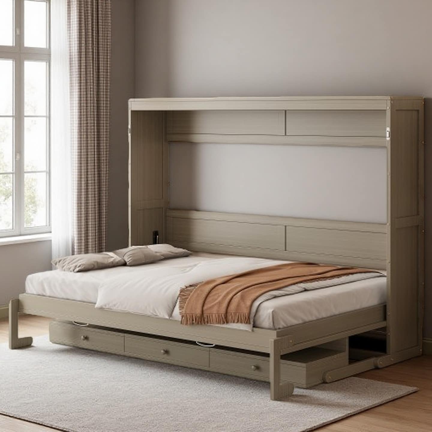 Queen Murphy Bed with Built-In Vanity, Foldable Wall Bed with Side Drawers and Hydraulic Lift, White/Gray