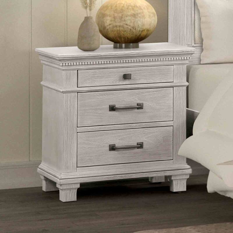 Transitional Nightstand - Weathered Gray Finish with Dental Molding & Metal Handles