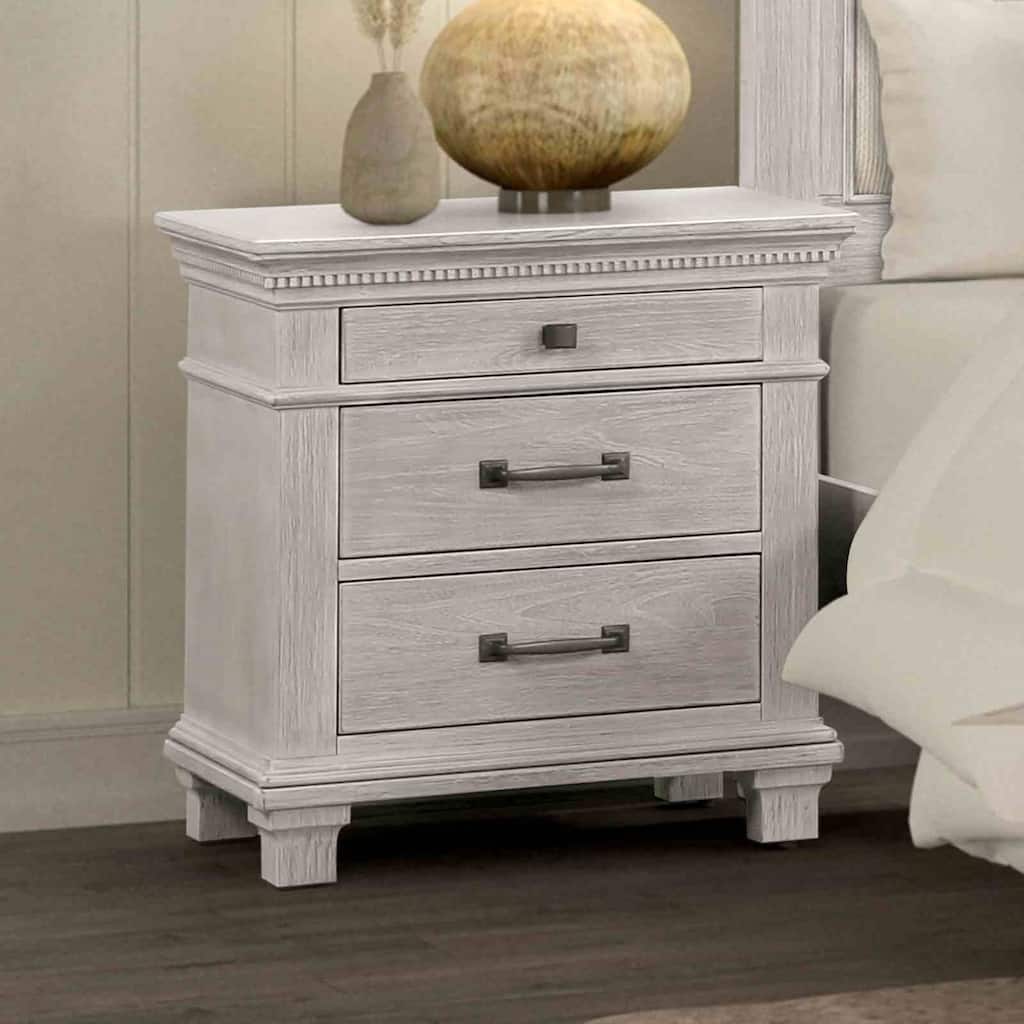 Transitional Nightstand - Weathered Gray Finish with Dental Molding & Metal Handles