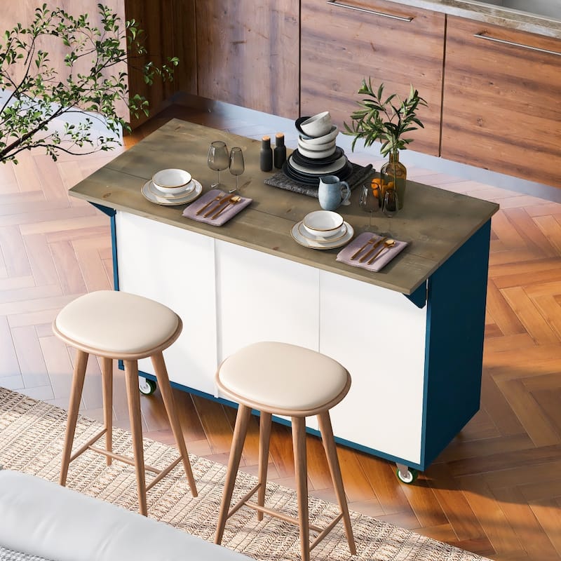 51 in. W Kitchen Island Retro Drop-Leaf Desktop on 4 Wheels with Internal Storage Rack and Towel Rack