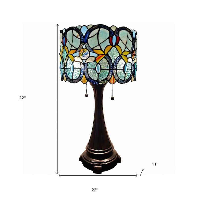 Stained Glass Table Lamp with Two Lights and Dark Brown Metal Base - 11” x 22” x 22”