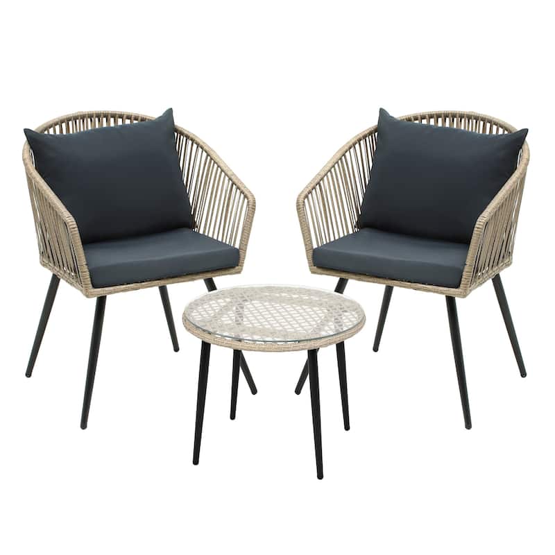 3-Piece Patio Furniture Wicker Bistro Set with Cushions - 20"L x 23.6"W x 32"H