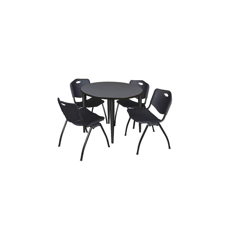 42 in. Round Breakroom Table- Grey Top, Black Base & 4 M Stack Chairs- Black