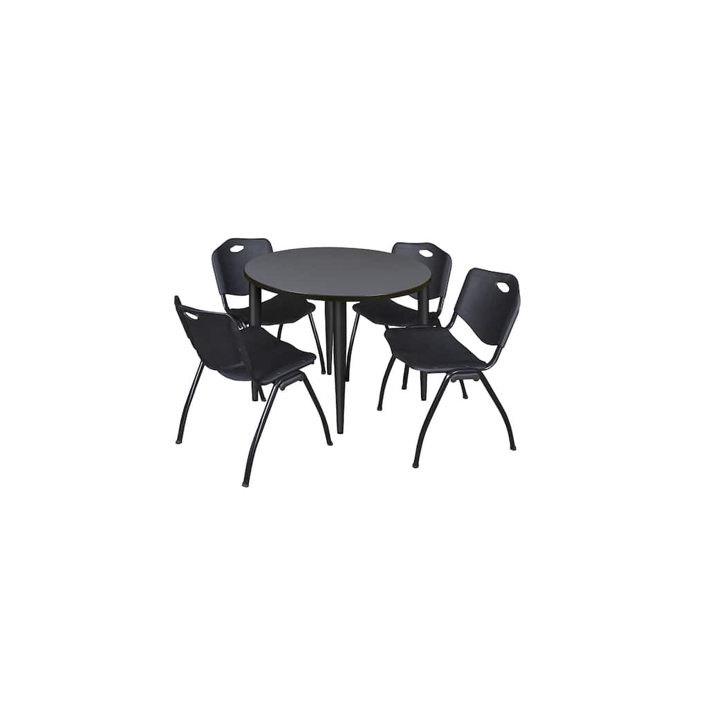 42 in. Round Breakroom Table- Grey Top, Black Base & 4 M Stack Chairs- Black