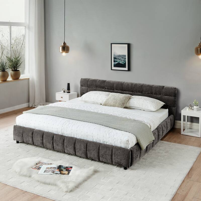 Block Thick Chenille Low Profile Platform Bed Fabric Upholstered Bedframe with Headboard Solid Wood Frame - Optional Storage Bed