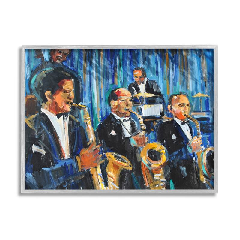 Stupell Contemporary Saxophone Jazz Ensemble Expressive Musicians Framed Wall Art - Blue - 16 x 20 - Grey
