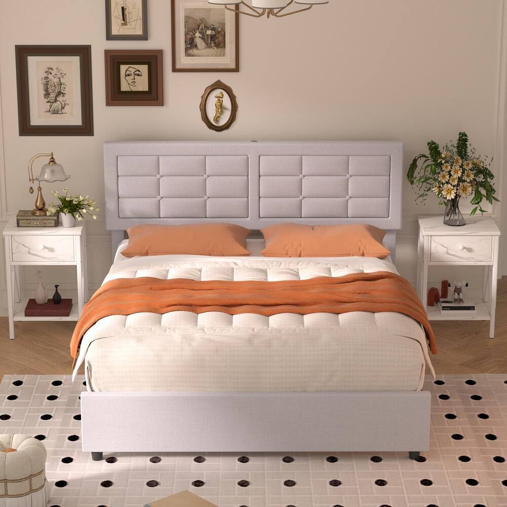 Javlergo Full Queen Size Bed Frame with USB Charging Station Adjustable Height Upholstered Headboard No Box Spring Needed