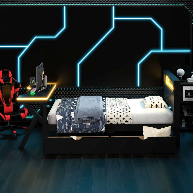 GDFStudio - Wooden Gaming Platform Bed with LED Headboard, Desk, USB and Storage Drawers