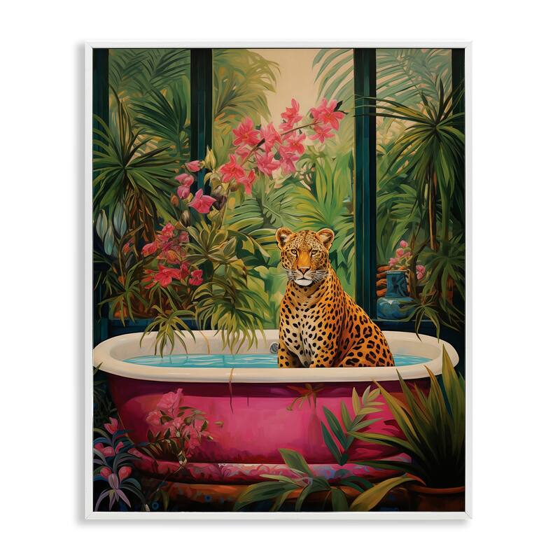 Stupell Leopard in Lush Tropical Bath Framed Giclee Art Design By Heidi Kuntz - 11 x 14 - White