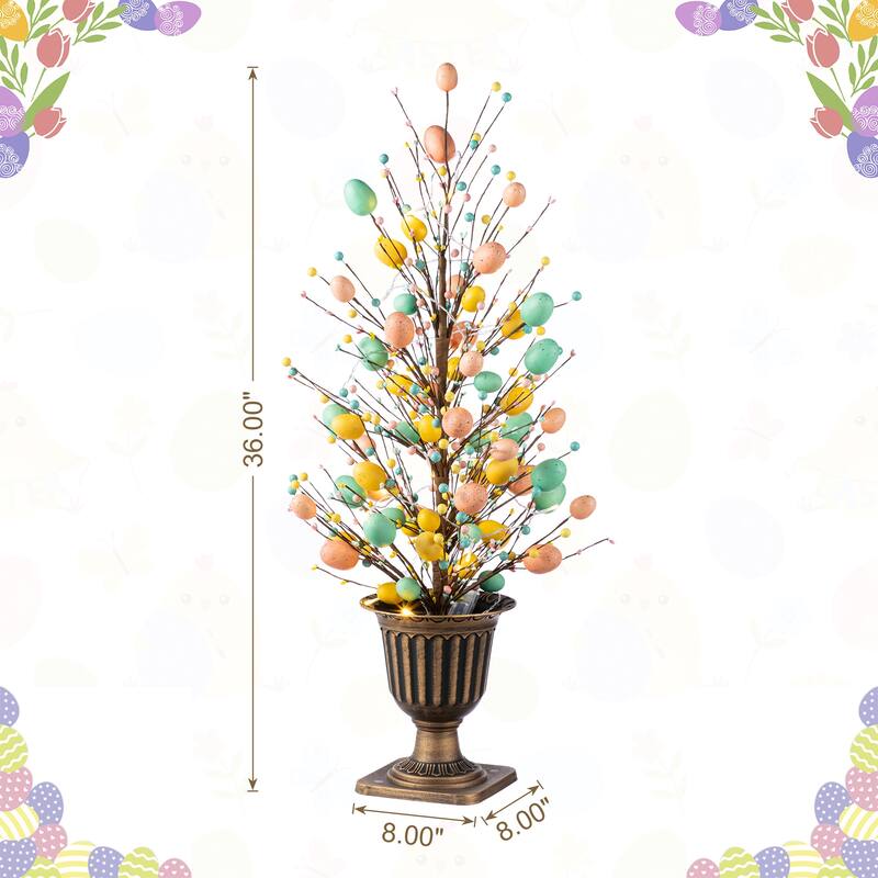 Glitzhome 36"H Easter Egg Berries Flower Urn Porch Tree with 20 Warm White Lights and Timer