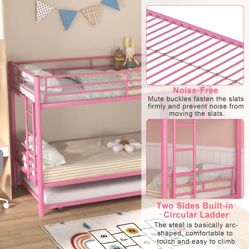 Twin Over Twin Bunk Bed with Trundle, Detachable Twin Bunk Beds w/ 2 Side Ladders & Full-Length Guardrails