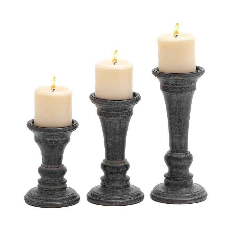 Black Mango Wood Traditional Candle Holder (Set of 3) - S/3 10", 8", 6"H