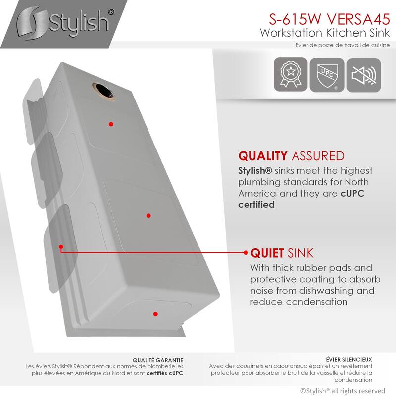 STYLISH 45 inches Ledge Workstation Single Bowl Undermount 16 Gauge Stainless Steel Kitchen Sink with Built in Accessories
