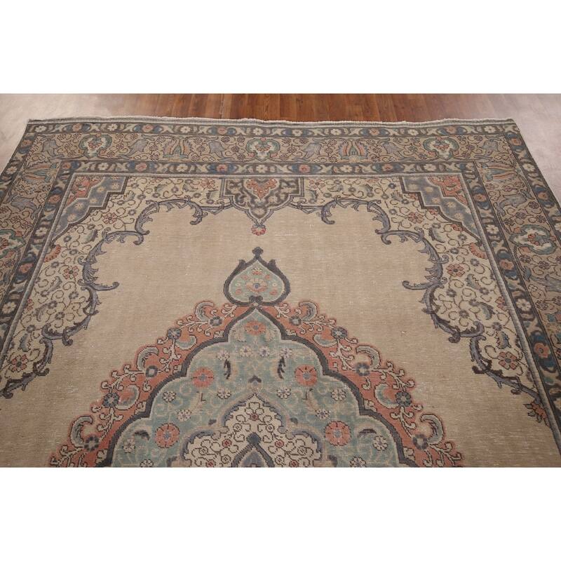 Distressed Tabriz Persian Vintage Area Rug Handmade Beige Wool Carpet - 7'10" x 11'1"
