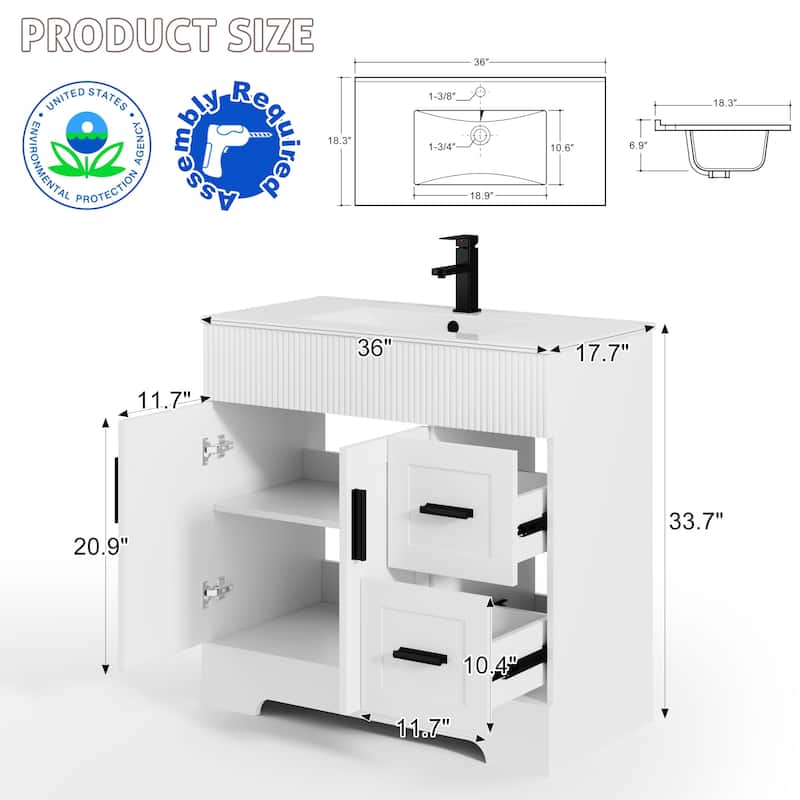 Modern 24/30/36/48" Wave-Line Bathroom Vanity Set with Sink & Faucet