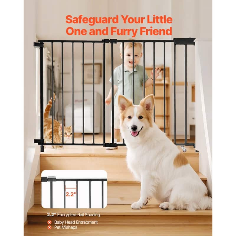 Black Adjustable Steel Baby Gate for Stairs or Doorways with No Threshold and One-Hand Open - 29.5-43”W x 28”H