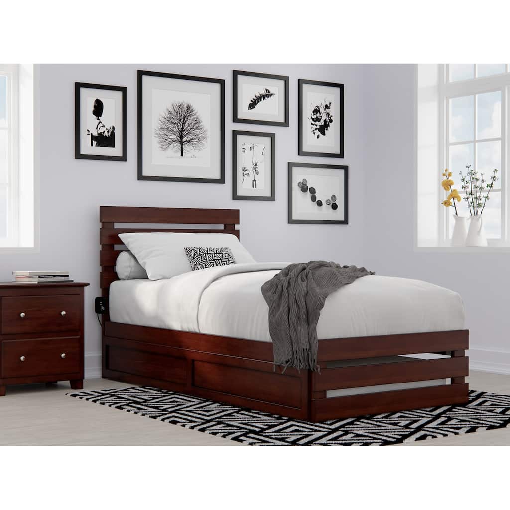 Twin XL Platform Bed with Footboard & Trundle - USB Charger - Modern Walnut Finish