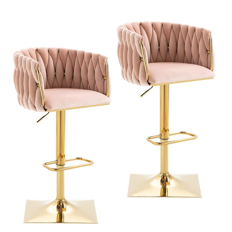 Velvet Upholstered Swivel Adjustable Height Bar Stools With Metal Footrest（set of 2）
