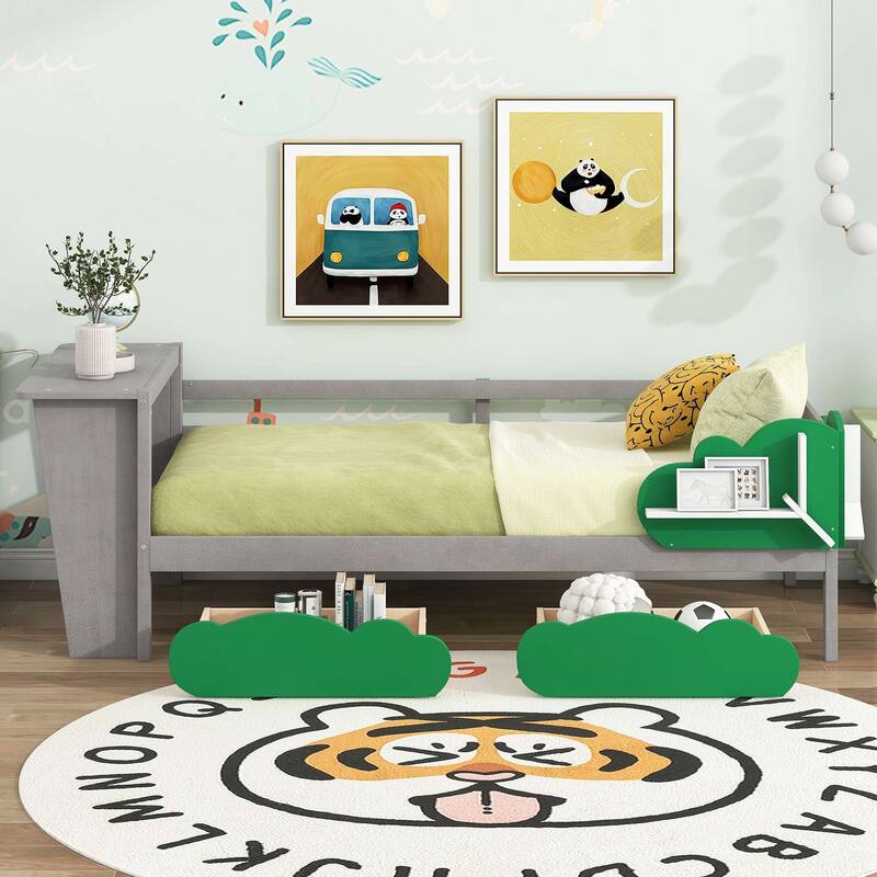 Daybed with Desk, Green Leaf Shape Drawers and Shelves Bed Bath