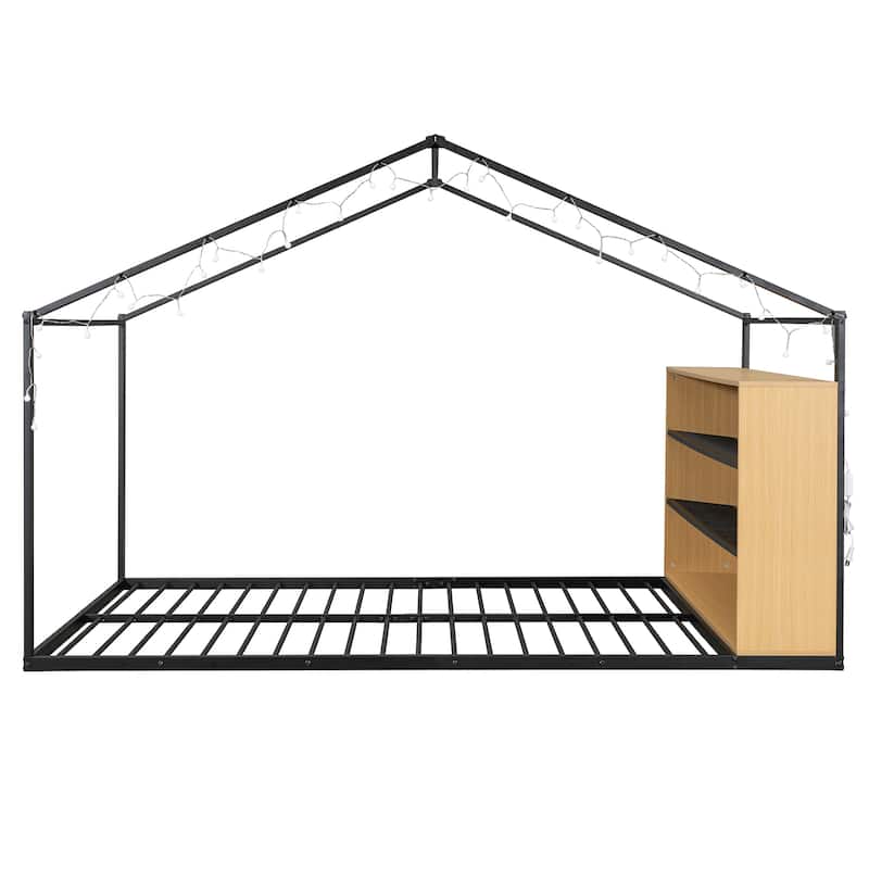 Full Size Metal Bed House Bed Frame with Shelves and Lights, Black
