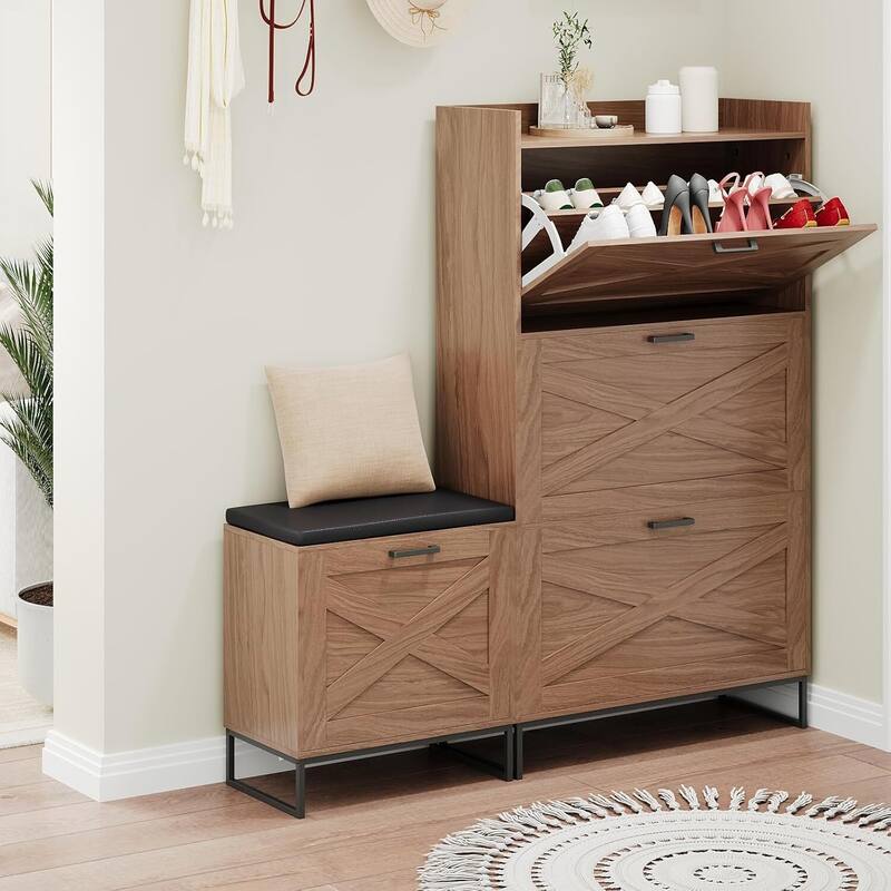 Shoe Storage Cabinet with Bench & Seat Cushion for Entryway, Hallway - Brown