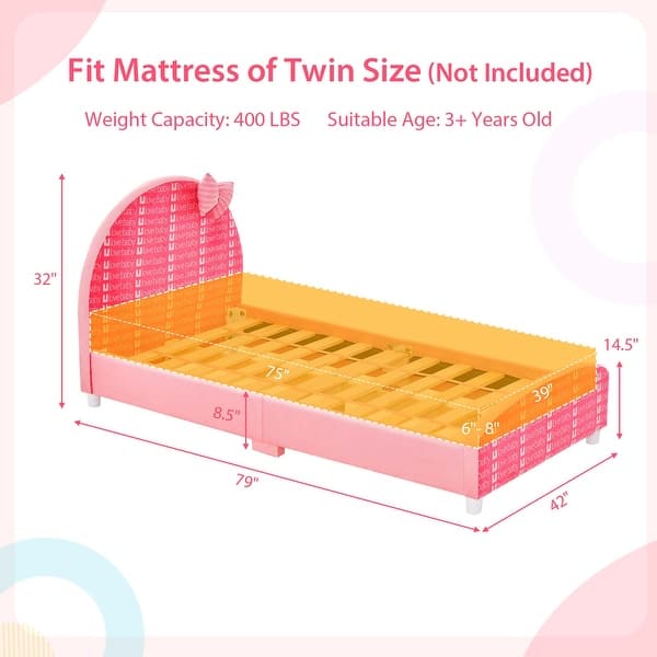 dimension image slide 1 of 2, Costway Children Twin Size Upholstered Platform Single Bed with
