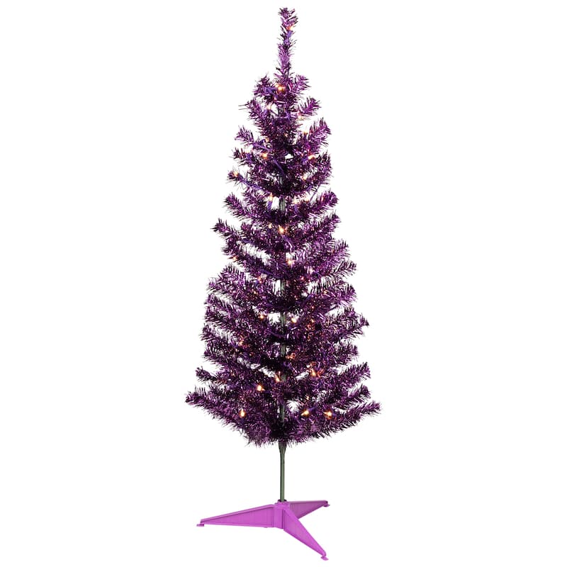 4' Purple Tinsel Artificial Christmas Tree- Clear Lights, Purple Wire - 4 Foot