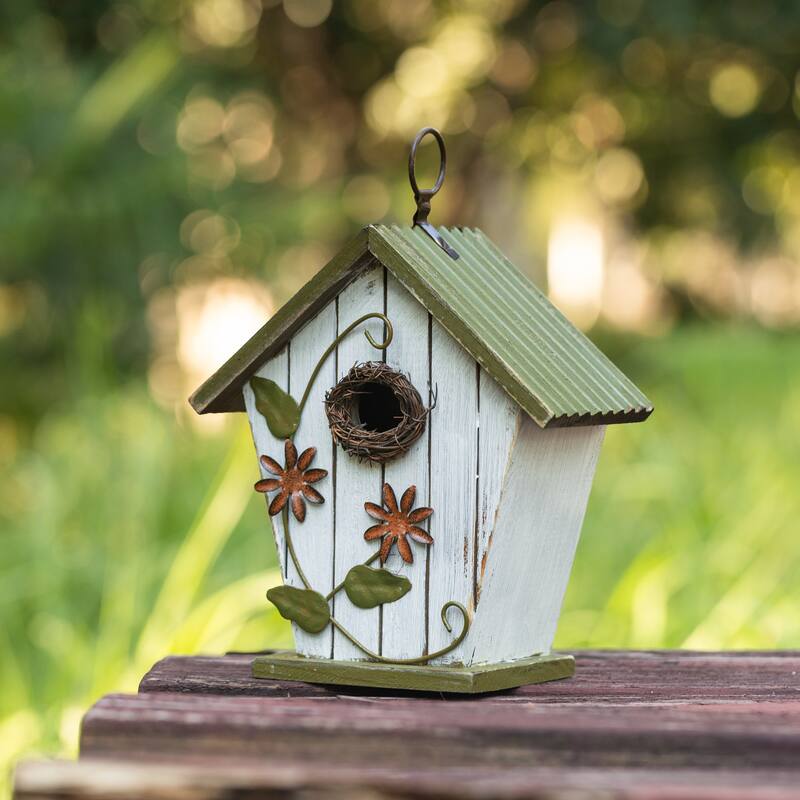 Glitzhome 8.75"H Distressed Solid Wood Decorative Outdoor Garden Birdhouse with 3D Flower