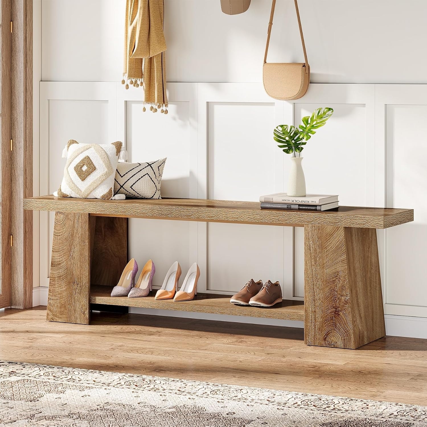 59-Inch LongEntryway Bench, 2-Tier Shoe Bench with Storage Shelves