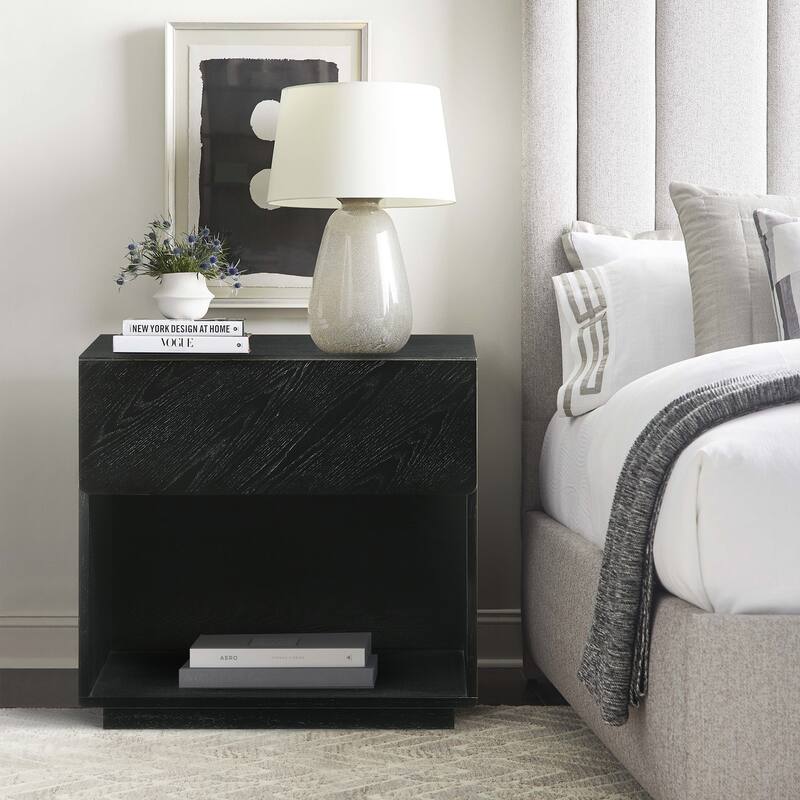Wood Nightstand 1 Drawer Bedside Table Black Finish Modern Side Table