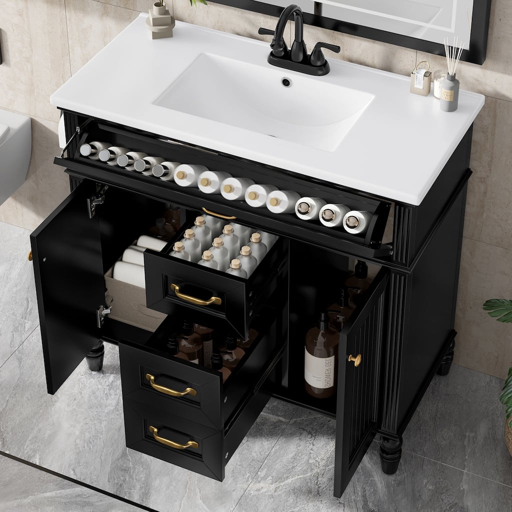 36 Inch Bathroom Vanity with Sink Combo, Black Freestanding Cabinet with Ceramic Basin, MDF + Solid Wood Frame