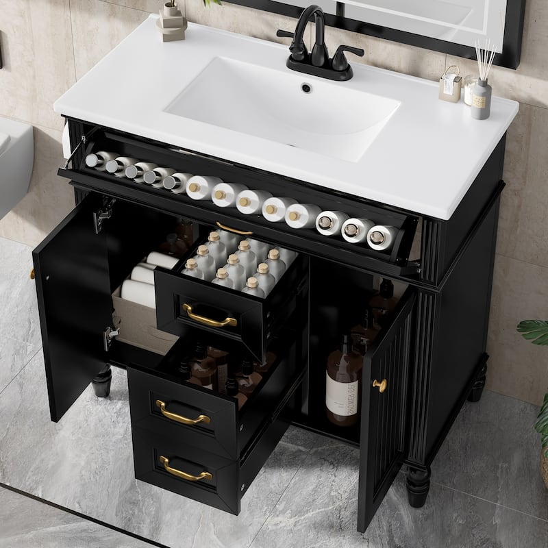 GDF Studio - Sunny Modern Solid Wood + MDF 36-Inch Bathroom Vanity with Ceramic Sink and Flip-Out Drawer - Black