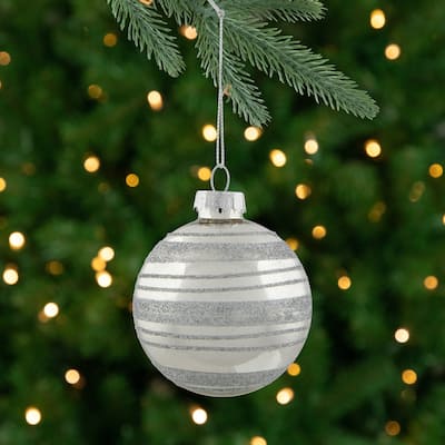 Glitter Stripes Christmas Shiny Glass Ball Ornaments - 2.5" (67mm) - Silver - 4ct