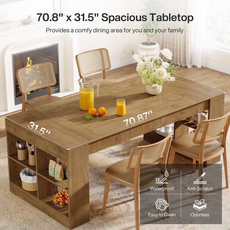 70.87-Inch Dining Table for 6 to 8 People, Wooden Kitchen Table with Storage Shelves for Dining Room