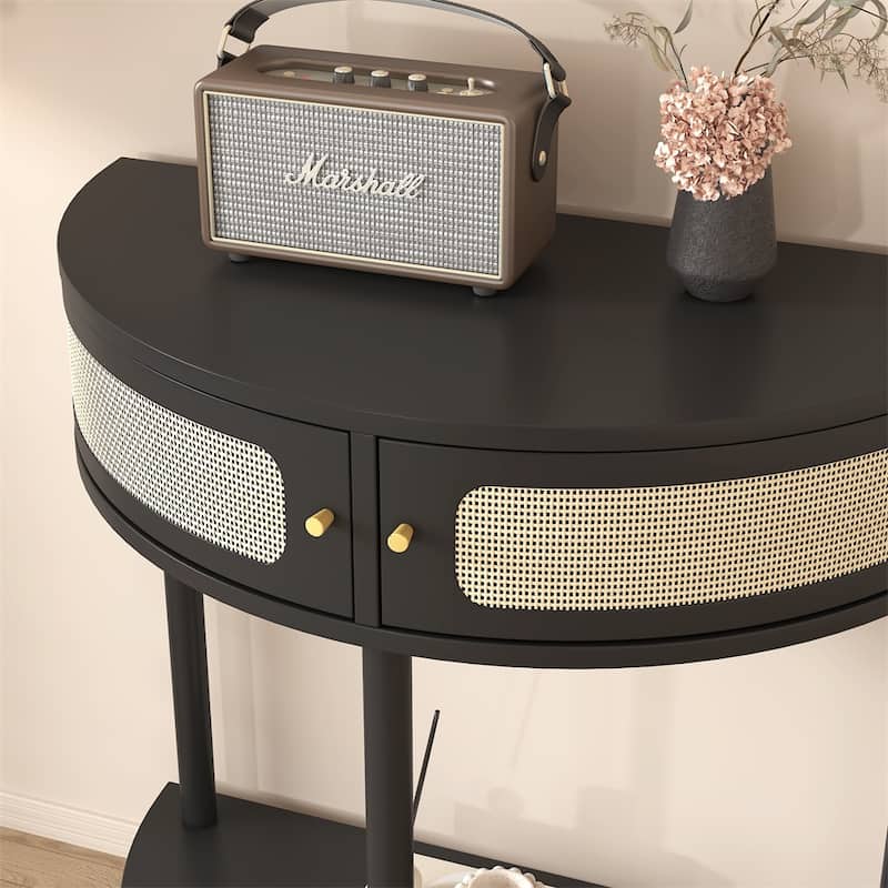 Unique Half Moon Design End Table with Sliding Rattan Door