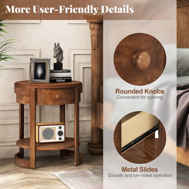 Gymax 2PCS Nightstand w/ Shelf & Wood Grains Drawer Round End Table