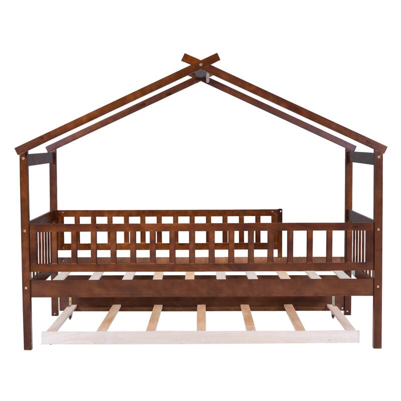 Pine House Bed with Trundle, Guardrail & Roof