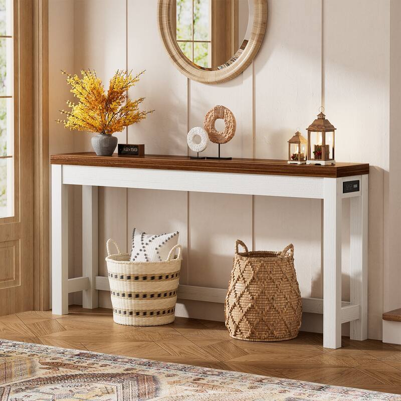 63-In Console Table with Charging Station, Farmhouse Entryway Table/ Behind Couch Table - White&Brown