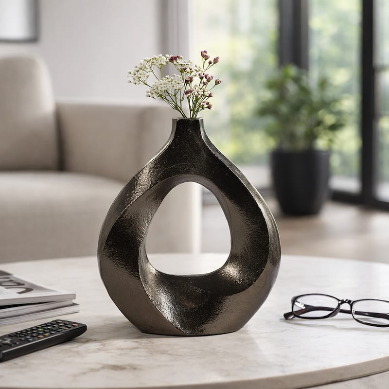 Artistic Metal Swirl Vase with Cut Out Center - Sculptural Flower Vase