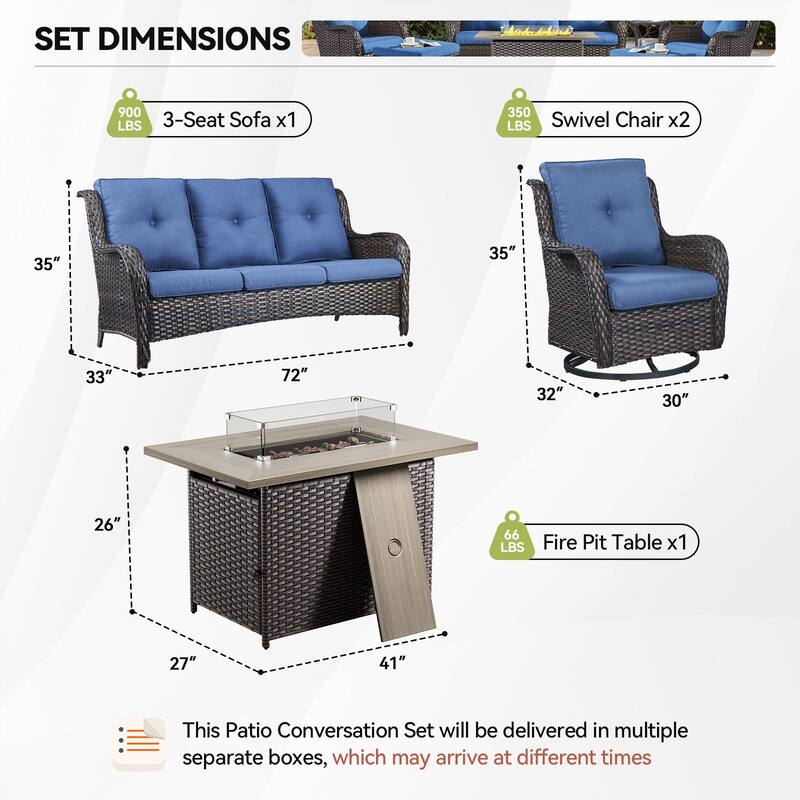 Gymojoy 4-Piece Outdoor Furniture Set, 2 Swivel Glider Chairs, 3-Seat Sofa & 55K BTU Fire Pit Table