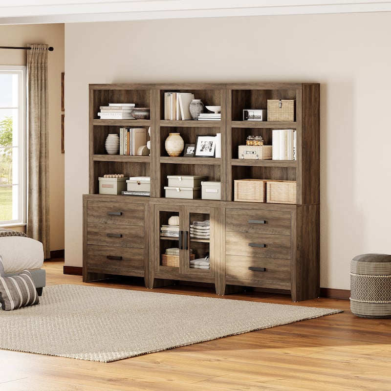 WAMPAT 74" Tall Bookshelf with Glass Doors and Drawers, 3-Tier Farmhouse Storage Cabinet