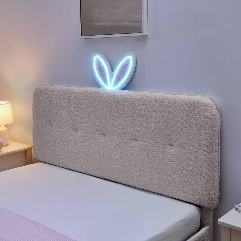 Queen Size Boucle Upholstered Bed with Rabbit Ear Headboard, LED Music Sync & 4 Drawers