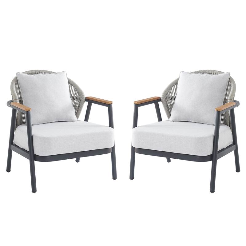 Roomfitters Orla Outdoor Rope Club Chairs with Plastic Wood Armrests and Cushions, Grey Finish - Set of 2