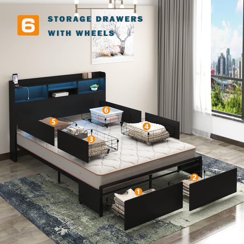Bed Frame with 6 Storage Drawers, LED Headboard Shelf, Fast Charging Station, Heavy Duty Metal Platform No Box Spring Needed